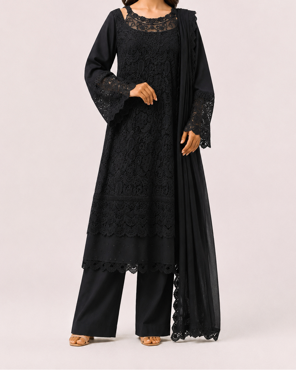 3 Piece Guipure Front Laces Cotton Suit