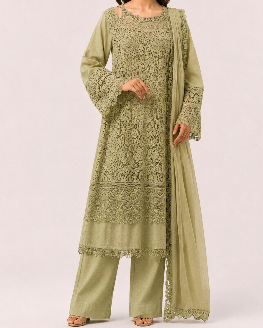 3 Piece Guipure Front Laces Cotton Suit