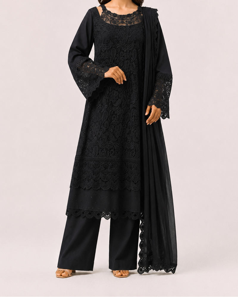 3 Piece Guipure Front Laces Cotton Suit