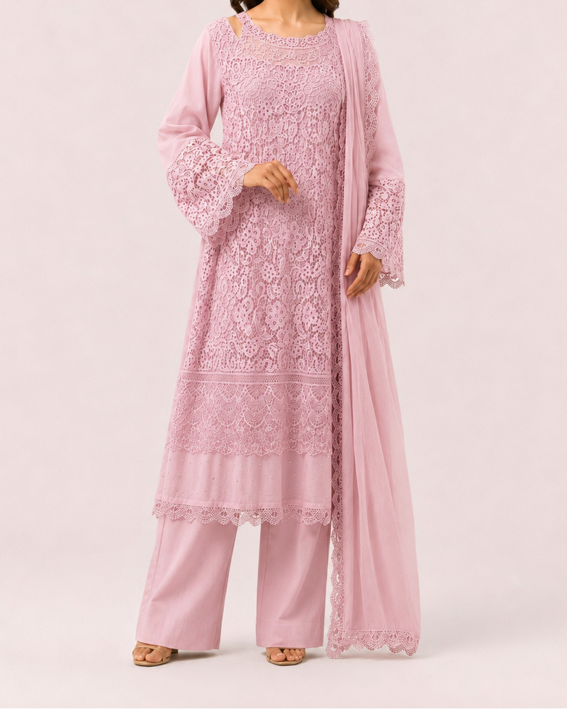 3 Piece Guipure Front Laces Cotton Suit