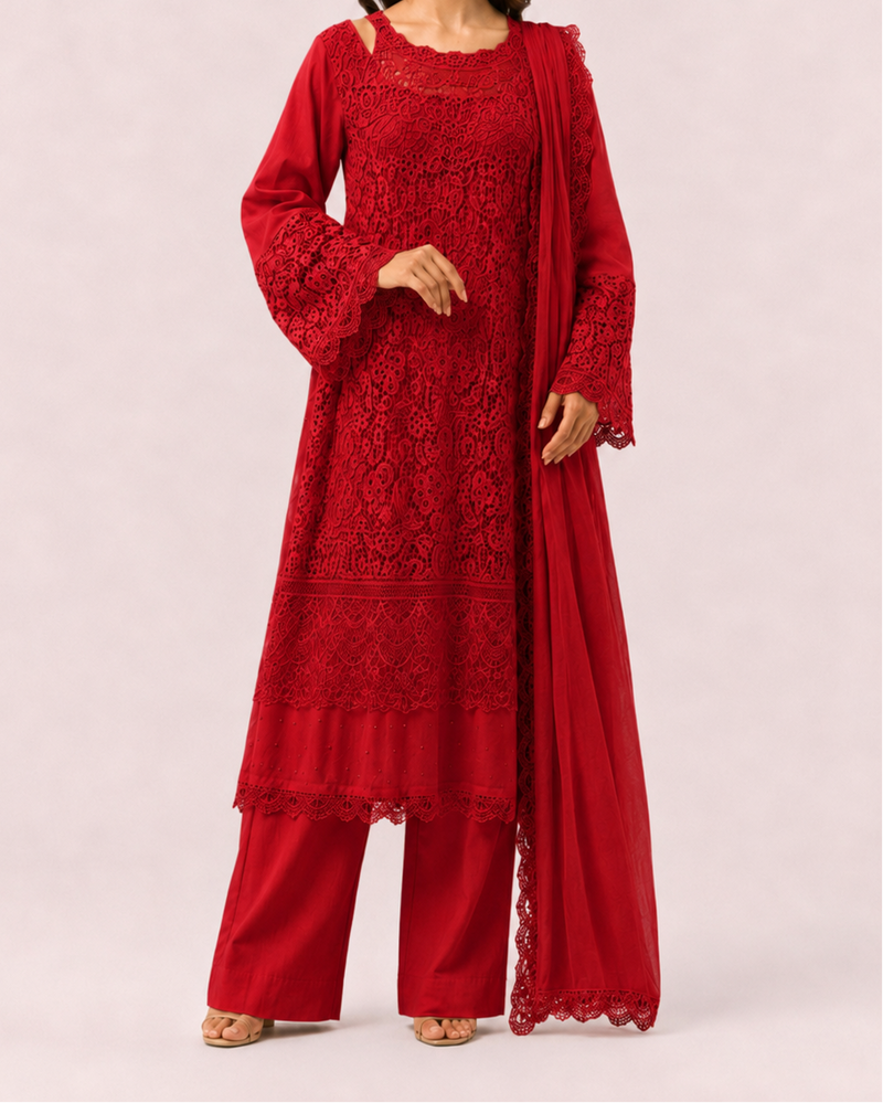 3 Piece Guipure Front Laces Cotton Suit