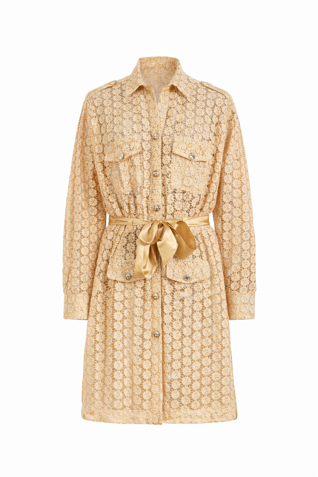 Floral Guipure 4 Pocket Front-Buttoned Long-Shirt