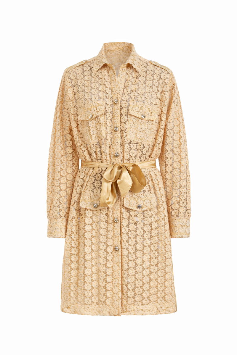 Floral Guipure 4 Pocket Front-Buttoned Long-Shirt